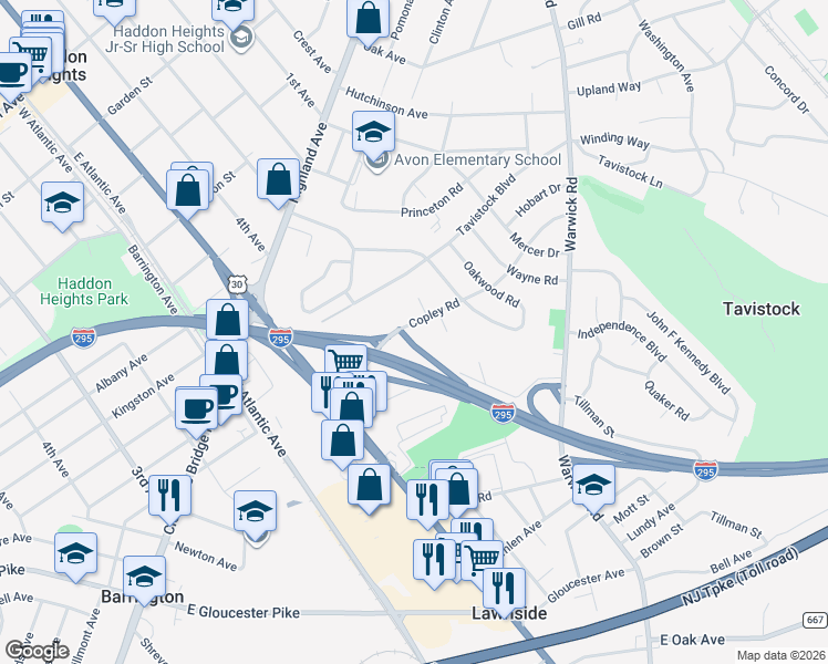 map of restaurants, bars, coffee shops, grocery stores, and more near 1008 Copley Place North in Haddonfield