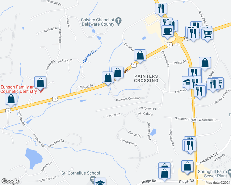 map of restaurants, bars, coffee shops, grocery stores, and more near 205 Painters Crossing in Chadds Ford