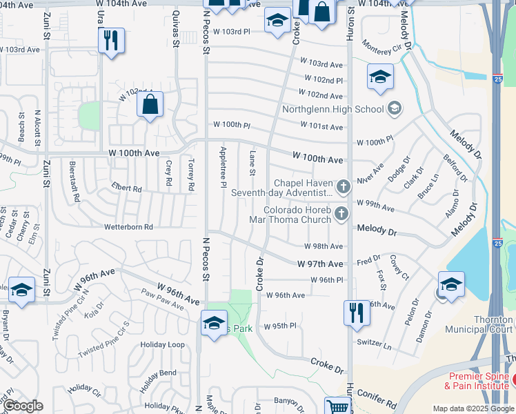 map of restaurants, bars, coffee shops, grocery stores, and more near 9907 Lane Street in Thornton