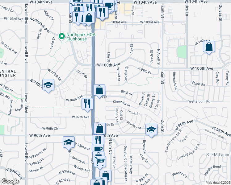 map of restaurants, bars, coffee shops, grocery stores, and more near 2806 West 98th Drive in Federal Heights