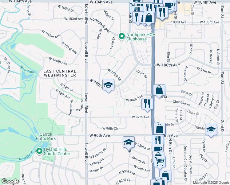 map of restaurants, bars, coffee shops, grocery stores, and more near 3441 West 98th Drive in Westminster