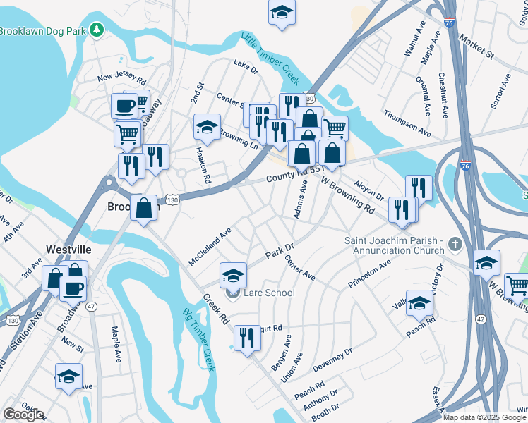 map of restaurants, bars, coffee shops, grocery stores, and more near 1154 Lucille Avenue in Bellmawr