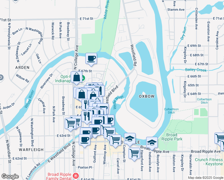 map of restaurants, bars, coffee shops, grocery stores, and more near 6622 Reserve Drive in Indianapolis