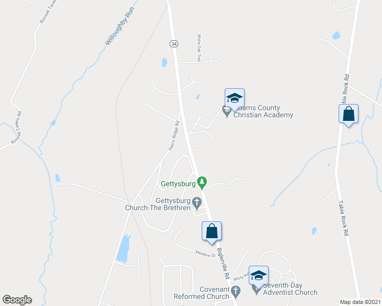 map of restaurants, bars, coffee shops, grocery stores, and more near Biglerville Road in Gettysburg