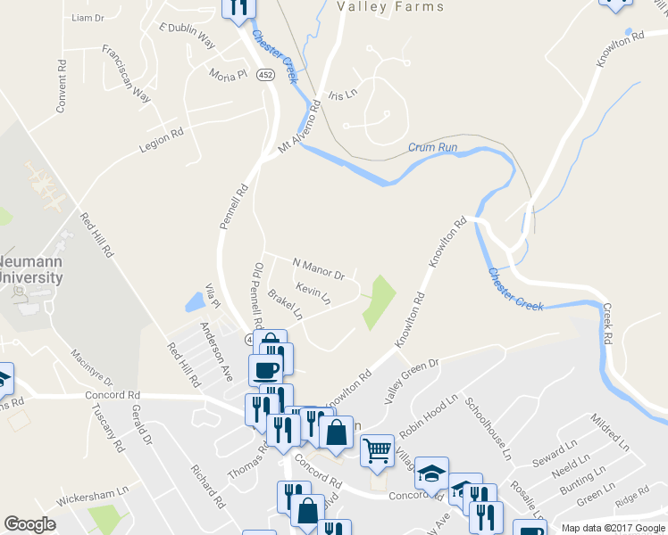 map of restaurants, bars, coffee shops, grocery stores, and more near 427 North Manor Drive in Media