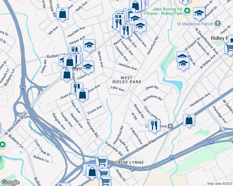 map of restaurants, bars, coffee shops, grocery stores, and more near 122 Wilson Avenue in Woodlyn