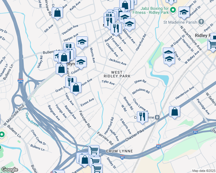 map of restaurants, bars, coffee shops, grocery stores, and more near 122 Wilson Avenue in Woodlyn
