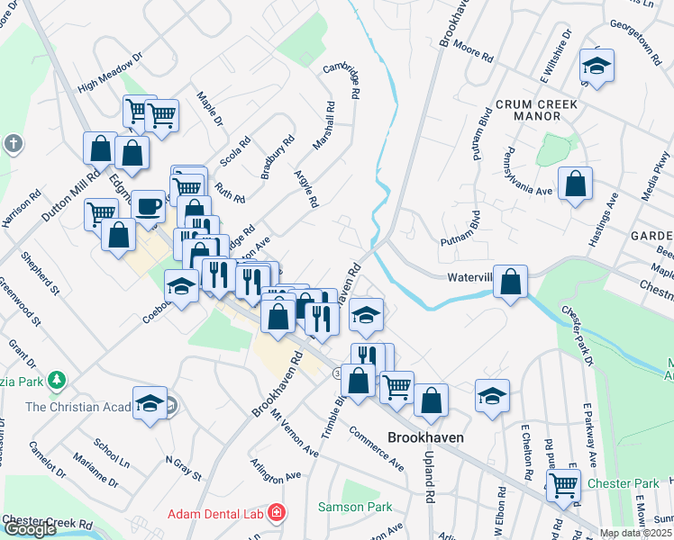 map of restaurants, bars, coffee shops, grocery stores, and more near 167 Ridge Boulevard in Brookhaven