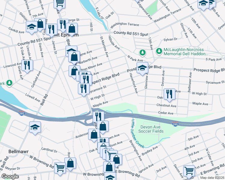 map of restaurants, bars, coffee shops, grocery stores, and more near 1908 Sycamore Street in Haddon Heights