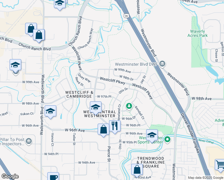 map of restaurants, bars, coffee shops, grocery stores, and more near 6760 West 98th Circle in Westminster