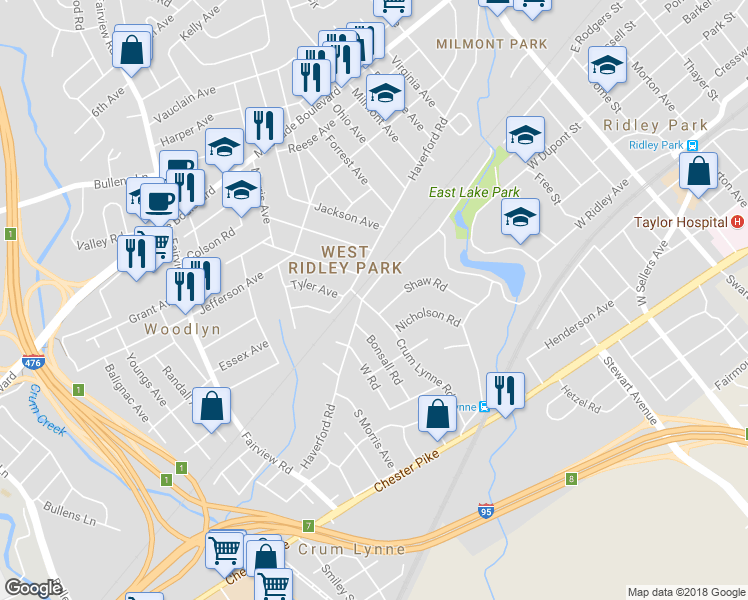 map of restaurants, bars, coffee shops, grocery stores, and more near 535 Crum Lynne Road in Ridley Park