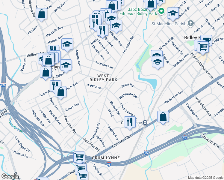 map of restaurants, bars, coffee shops, grocery stores, and more near 535 Crum Lynne Road in Ridley Park