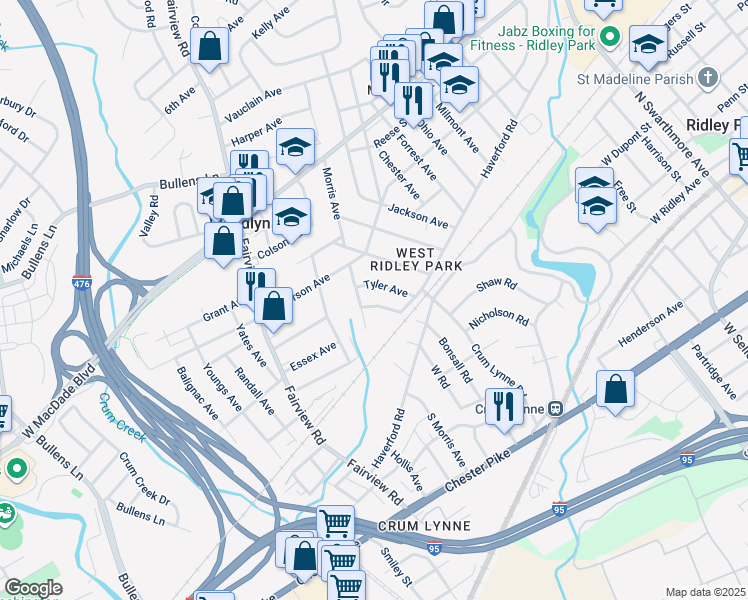 map of restaurants, bars, coffee shops, grocery stores, and more near 128 Wilson Avenue in Woodlyn