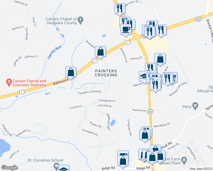 map of restaurants, bars, coffee shops, grocery stores, and more near 1404 Painters Crossing in Chadds Ford