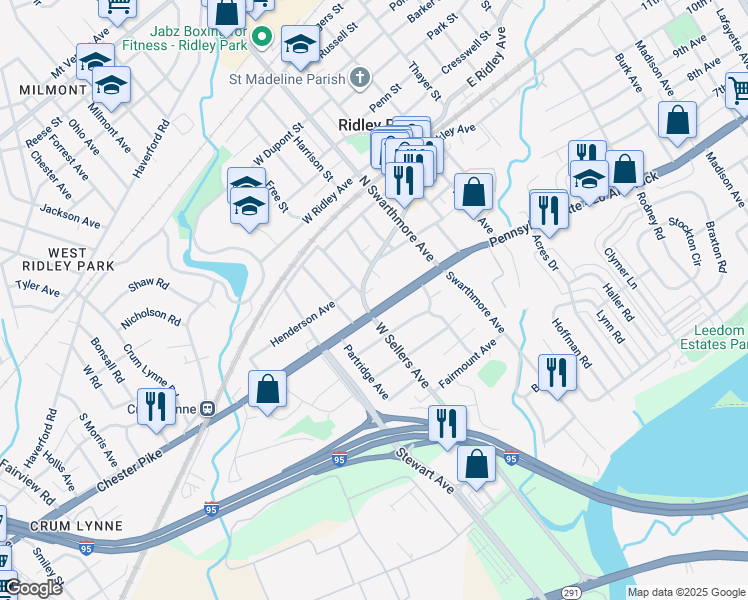 map of restaurants, bars, coffee shops, grocery stores, and more near 28 West Sellers Avenue in Ridley Park