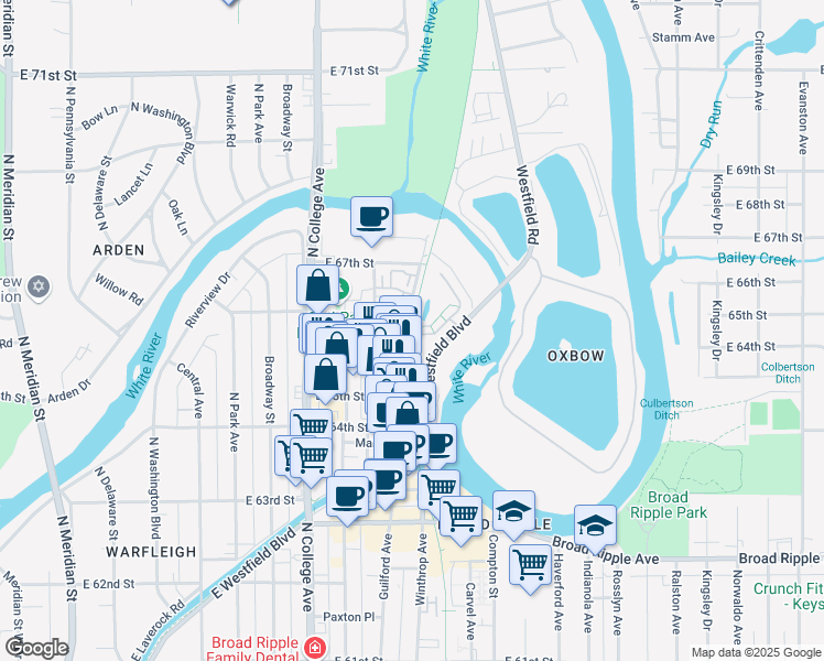 map of restaurants, bars, coffee shops, grocery stores, and more near Monon Trail in Indianapolis
