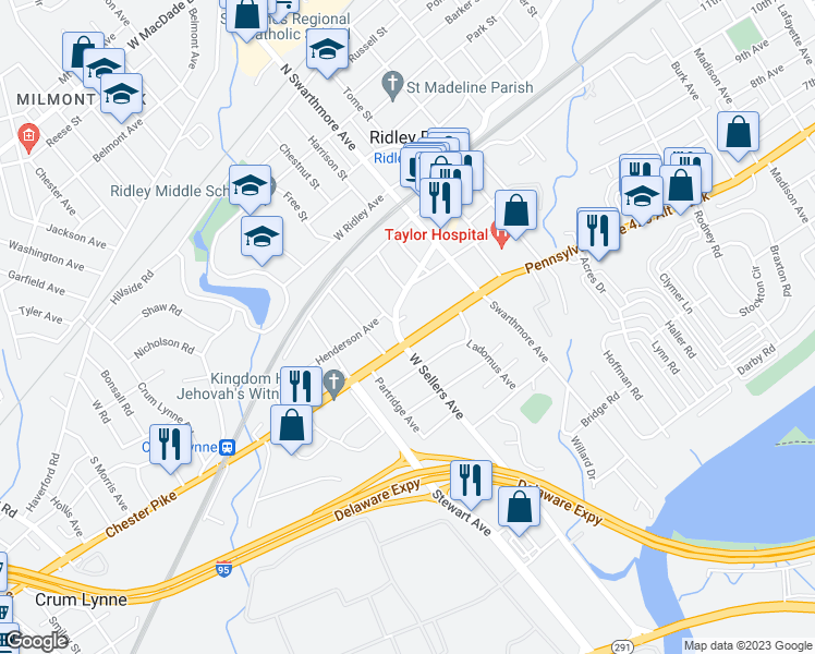 map of restaurants, bars, coffee shops, grocery stores, and more near 28 West Sellers Avenue in Ridley Park