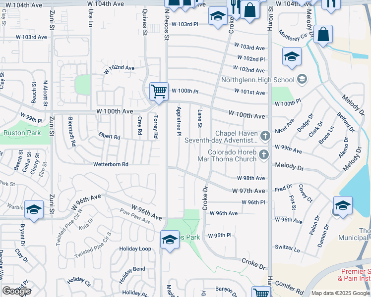 map of restaurants, bars, coffee shops, grocery stores, and more near 9909 Appletree Place in Thornton