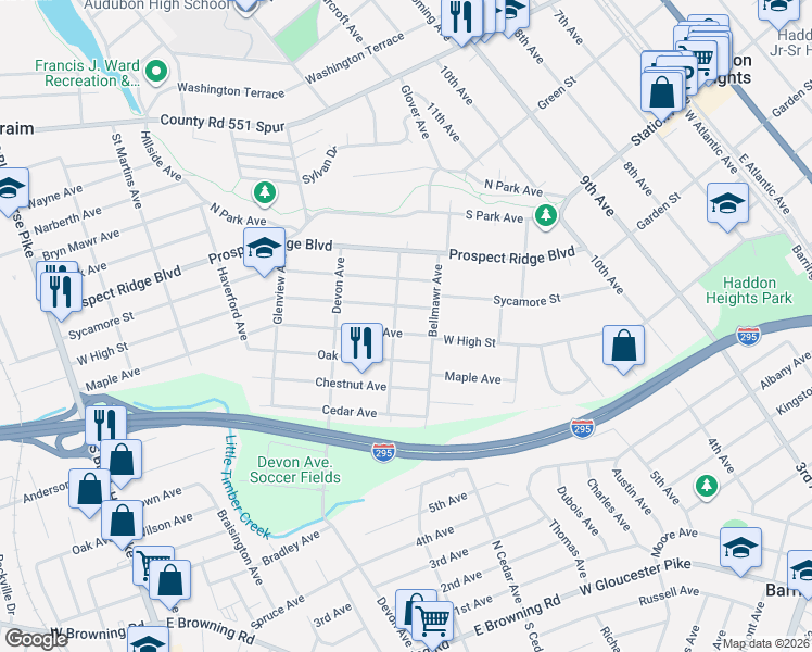 map of restaurants, bars, coffee shops, grocery stores, and more near 1410 West High Street in Haddon Heights