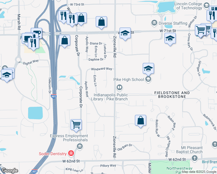 map of restaurants, bars, coffee shops, grocery stores, and more near 6611 Latona Drive in Indianapolis