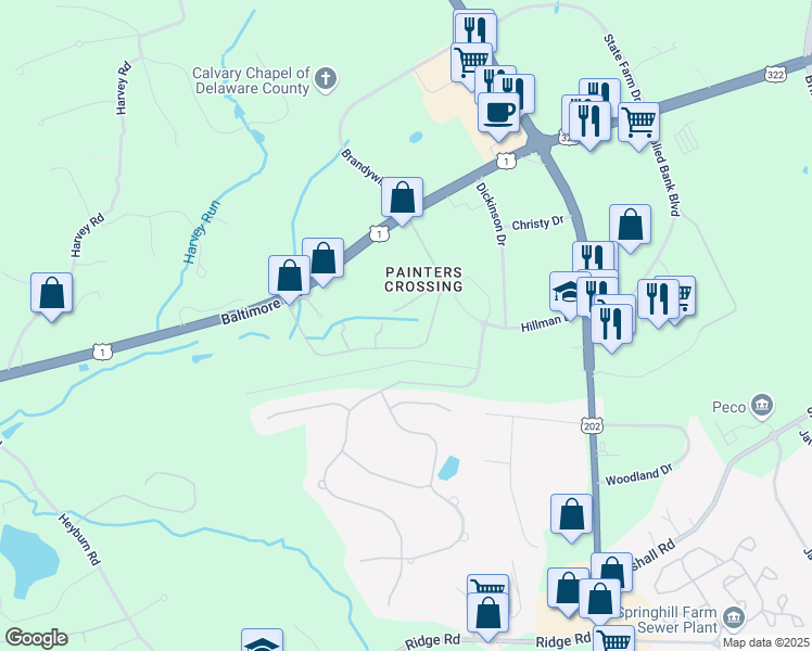map of restaurants, bars, coffee shops, grocery stores, and more near 1204 Painters Crossing in Chadds Ford