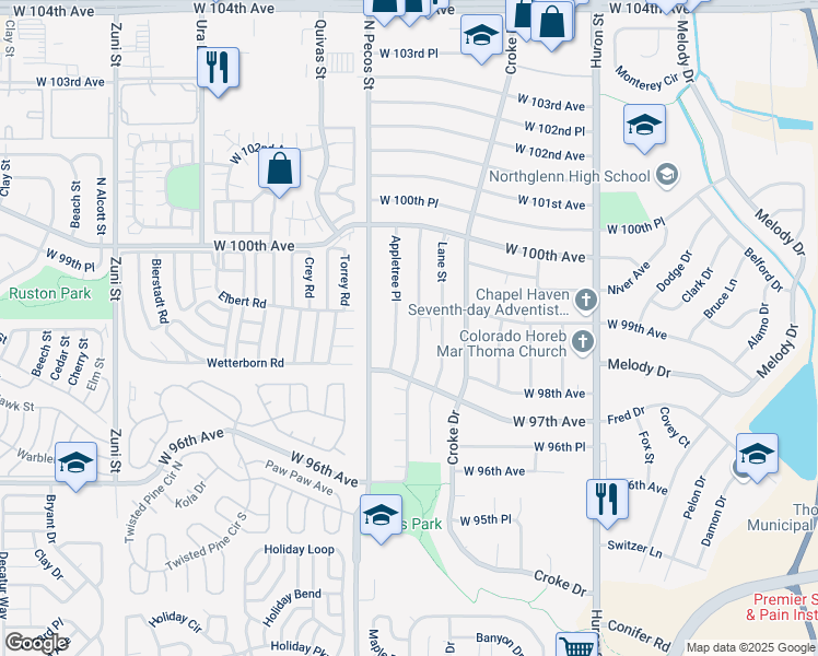 map of restaurants, bars, coffee shops, grocery stores, and more near 9909 Appletree Place in Thornton