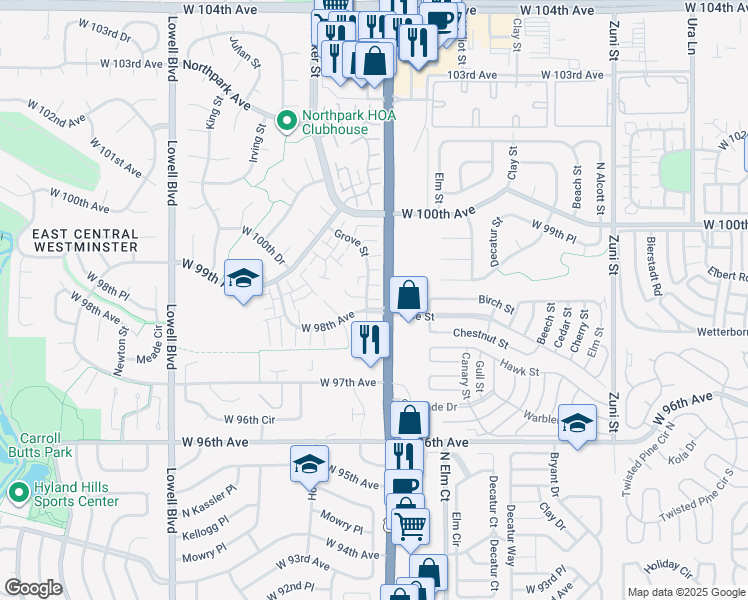 map of restaurants, bars, coffee shops, grocery stores, and more near 9834 Grove Street in Westminster
