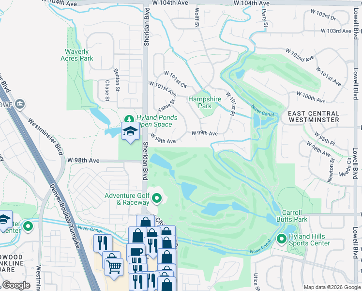 map of restaurants, bars, coffee shops, grocery stores, and more near 4874 West 98th Avenue in Westminster