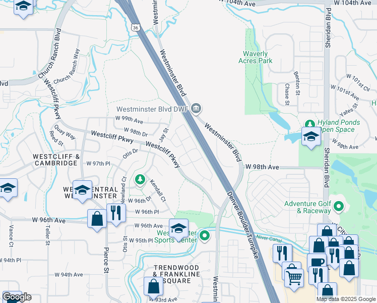 map of restaurants, bars, coffee shops, grocery stores, and more near 9870 Westcliff Parkway in Broomfield