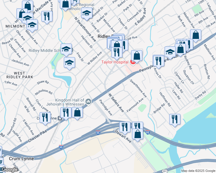map of restaurants, bars, coffee shops, grocery stores, and more near 28 West Sellers Avenue in Ridley Park