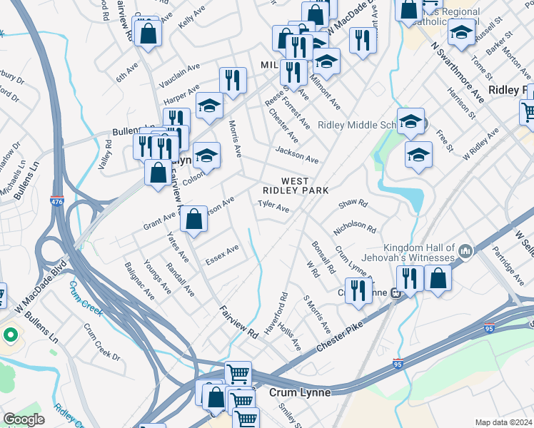 map of restaurants, bars, coffee shops, grocery stores, and more near 128 Wilson Avenue in Woodlyn