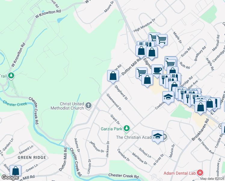 map of restaurants, bars, coffee shops, grocery stores, and more near 301 Dutton Mill Road in Brookhaven