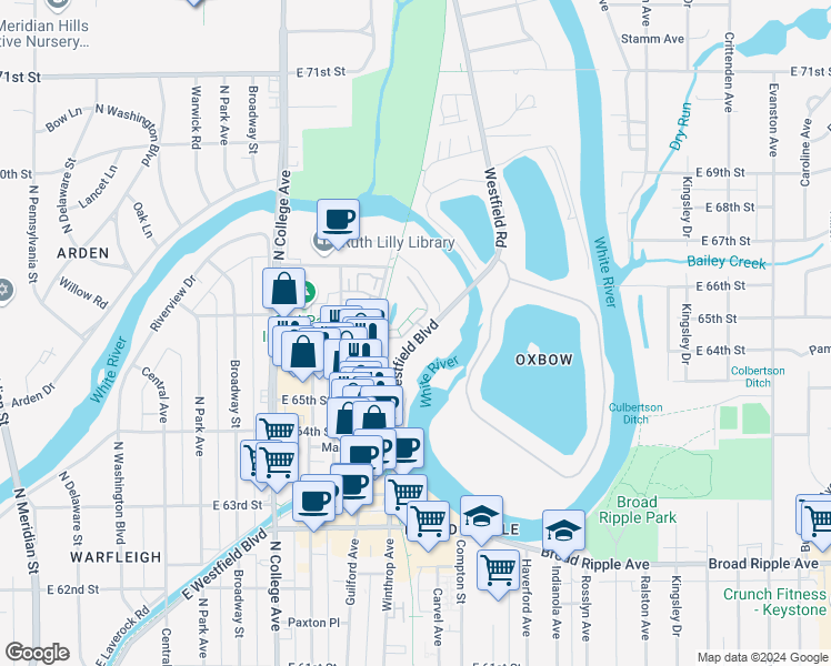 map of restaurants, bars, coffee shops, grocery stores, and more near 6622 Reserve Drive in Indianapolis
