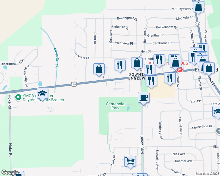 map of restaurants, bars, coffee shops, grocery stores, and more near 600 National Road in Englewood