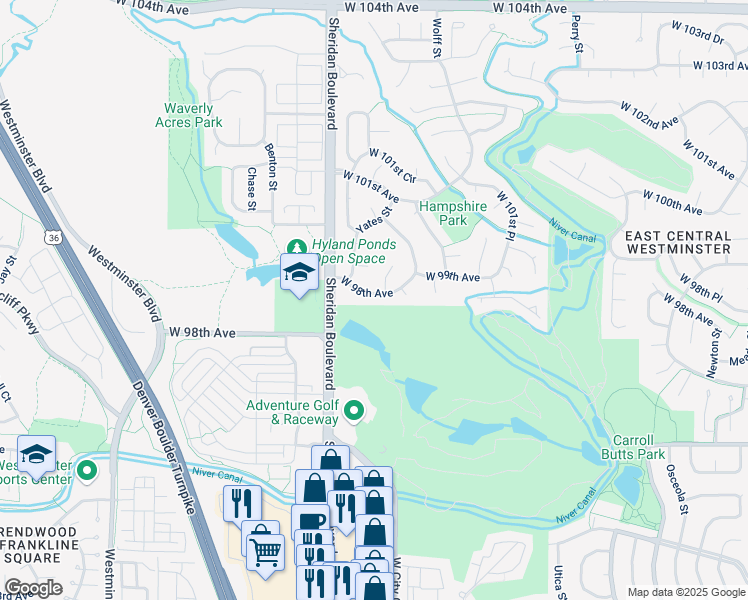 map of restaurants, bars, coffee shops, grocery stores, and more near 9801 Xavier Court in Westminster
