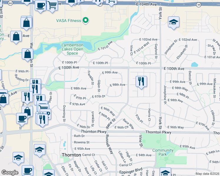 map of restaurants, bars, coffee shops, grocery stores, and more near 1838 East 98th Avenue in Thornton