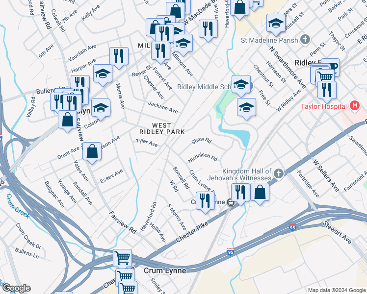 map of restaurants, bars, coffee shops, grocery stores, and more near 375 Shaw Road in Ridley Park