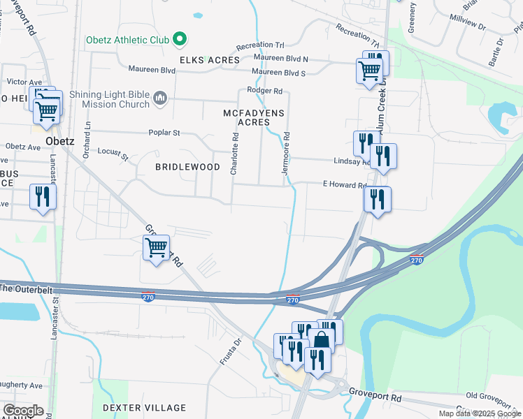 map of restaurants, bars, coffee shops, grocery stores, and more near 2354 Bridlewood Boulevard in Obetz