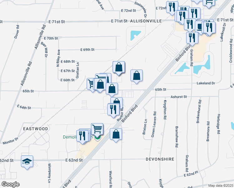 map of restaurants, bars, coffee shops, grocery stores, and more near 5230-5272 E 65th St in Indianapolis