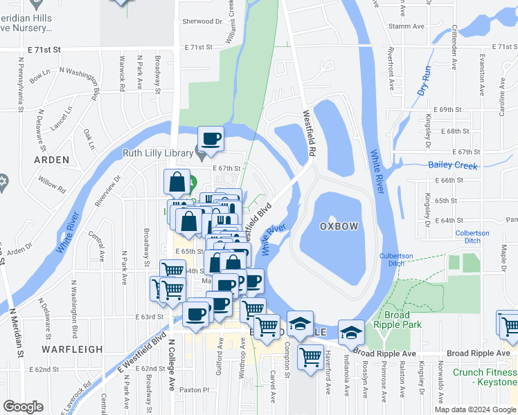 map of restaurants, bars, coffee shops, grocery stores, and more near 6622 Reserve Drive in Indianapolis