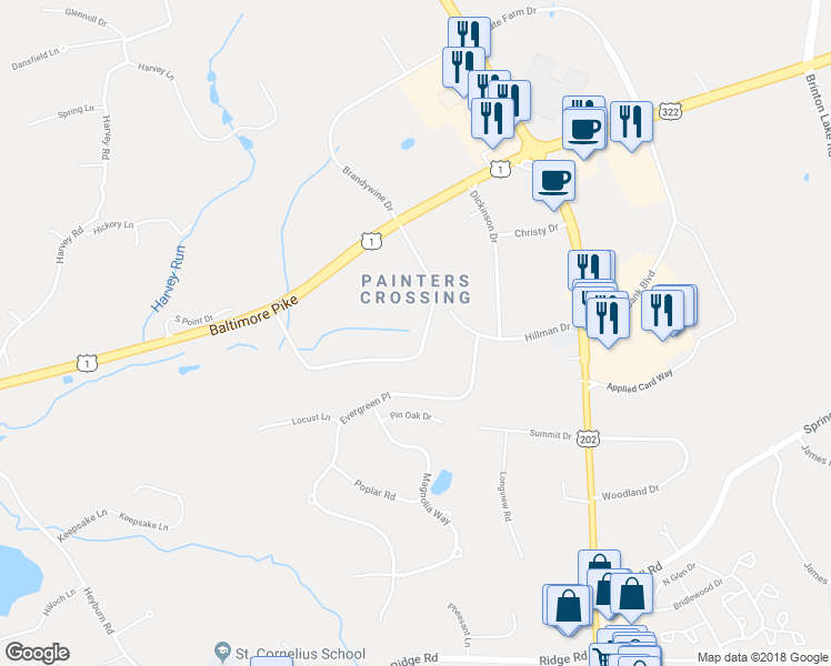 map of restaurants, bars, coffee shops, grocery stores, and more near 1407 Painters Crossing in Chadds Ford
