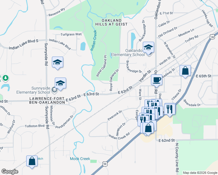 map of restaurants, bars, coffee shops, grocery stores, and more near 6459 Royal Oakland Drive in Indianapolis