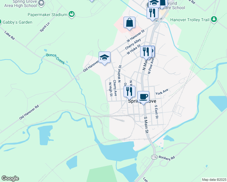 map of restaurants, bars, coffee shops, grocery stores, and more near 91 North High Street in Spring Grove