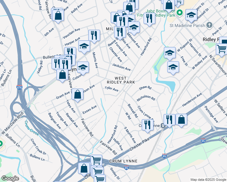 map of restaurants, bars, coffee shops, grocery stores, and more near 113 Tyler Avenue in Woodlyn