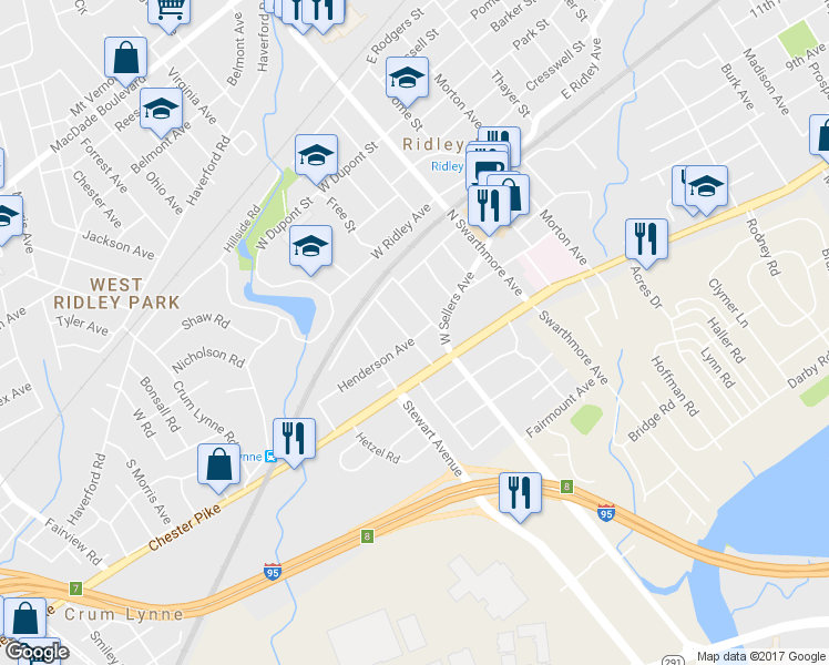 map of restaurants, bars, coffee shops, grocery stores, and more near 5 Henderson Avenue in Ridley Park