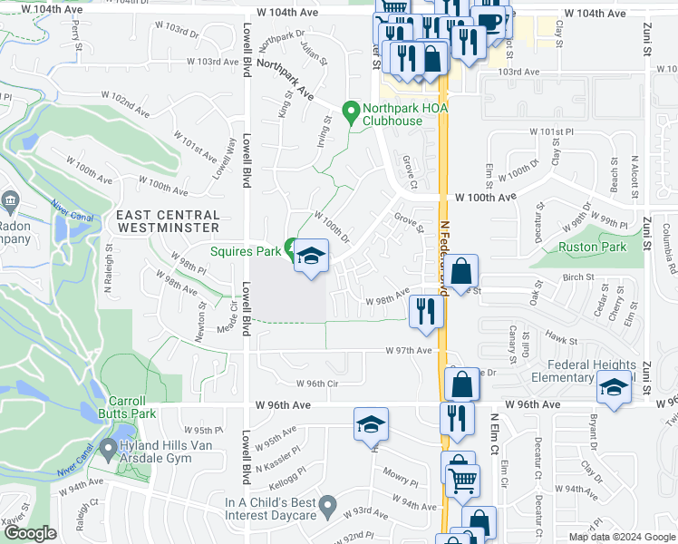 map of restaurants, bars, coffee shops, grocery stores, and more near 9889 Julian Way in Westminster