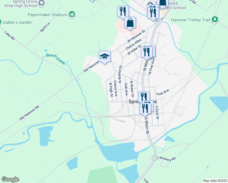 map of restaurants, bars, coffee shops, grocery stores, and more near 91 North High Street in Spring Grove