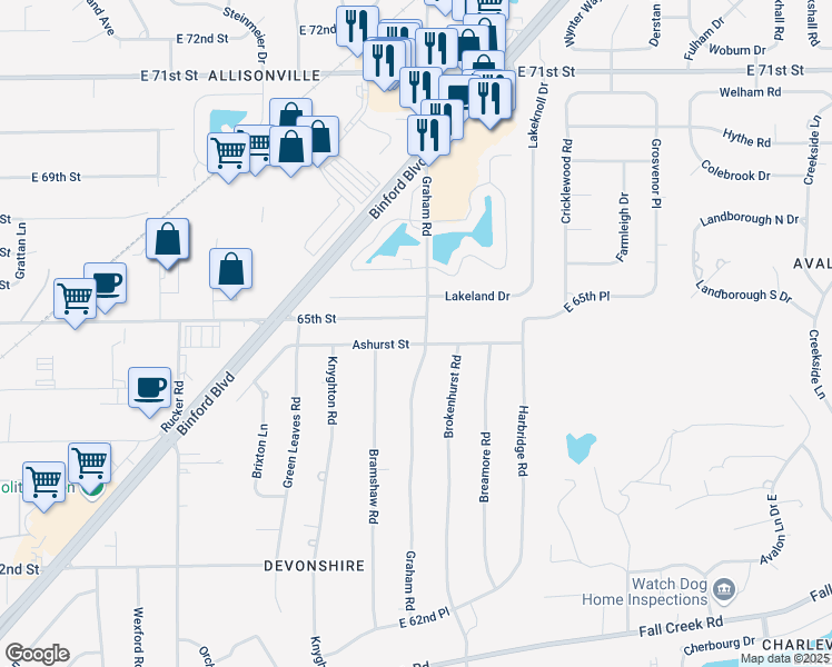 map of restaurants, bars, coffee shops, grocery stores, and more near 6476 Graham Road in Indianapolis