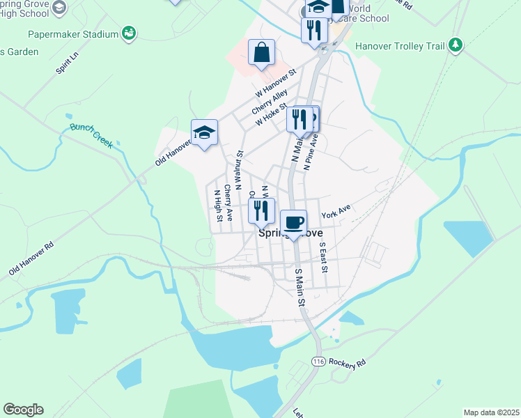 map of restaurants, bars, coffee shops, grocery stores, and more near 76 North Water Street in Spring Grove