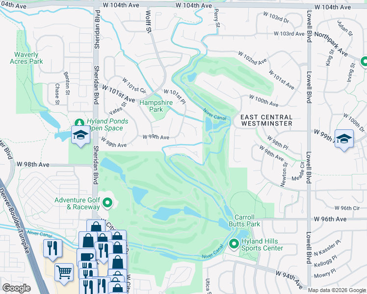 map of restaurants, bars, coffee shops, grocery stores, and more near Hyland Greens Place in Westminster